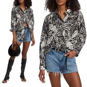 Frame The Oversized Silk-Blend Palm Button Shirt Noir Multi Women's Size Medium